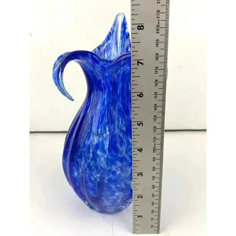 VTG Blue Murano Glass Vase Spotted Ribbed Vase 8.5